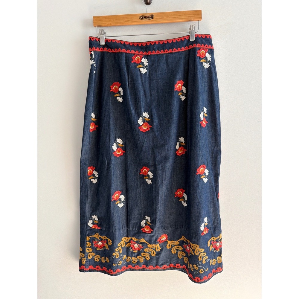 Elizabeth James The Label Denim Floral Embroidered Midi Skirt Blue Womens Large - Picture 4 of 11